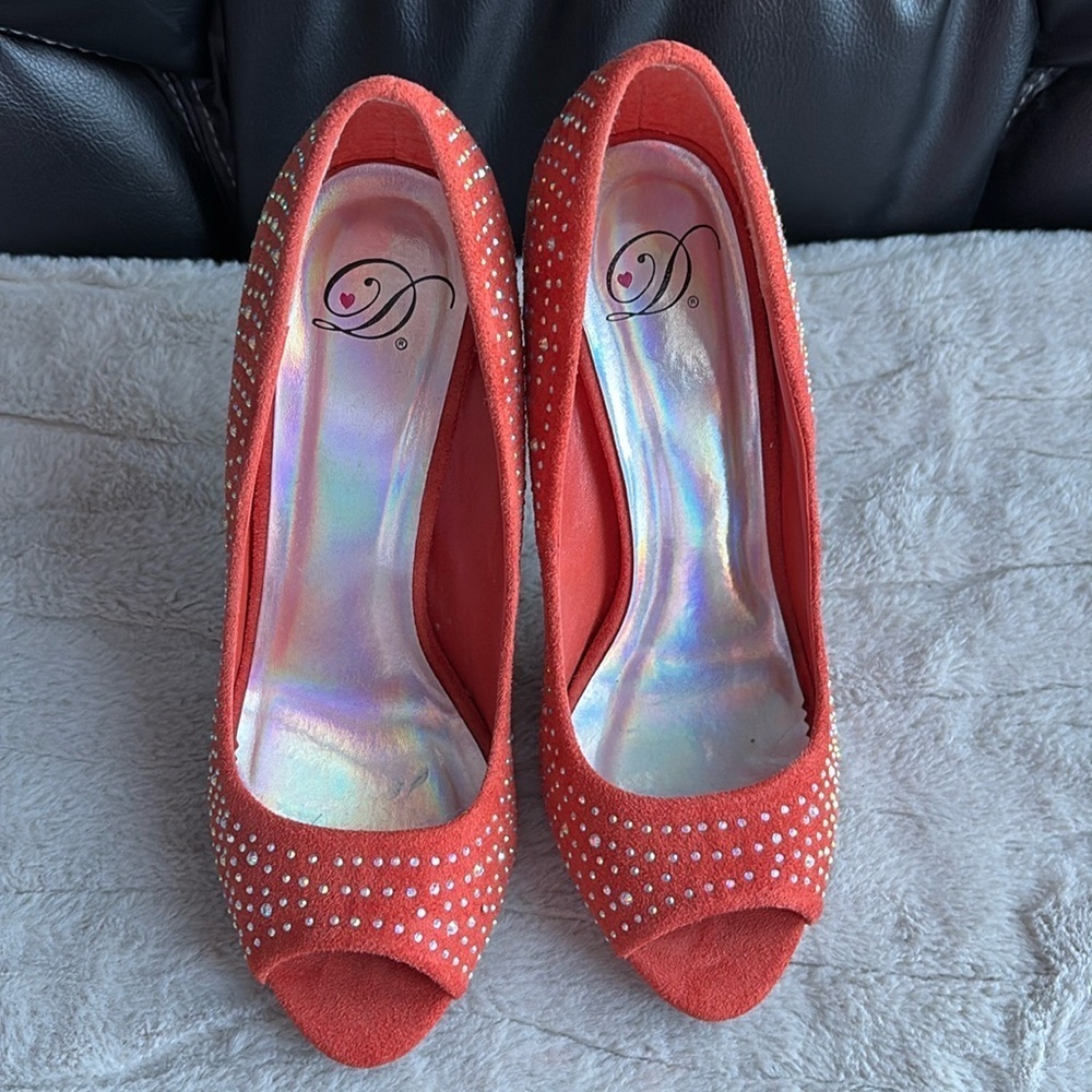 Orange Rhinestone Peek Toe Pumps